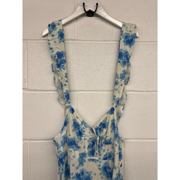 Rixo XS 0-2 Blue White Floral Print Cecile Sleeveless Ruffled Midi Dress print - Picture 5 of 7